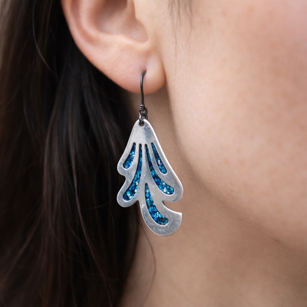 Crushed Turquoise Inlay Mexican Stamped Sterling Silver Earrings